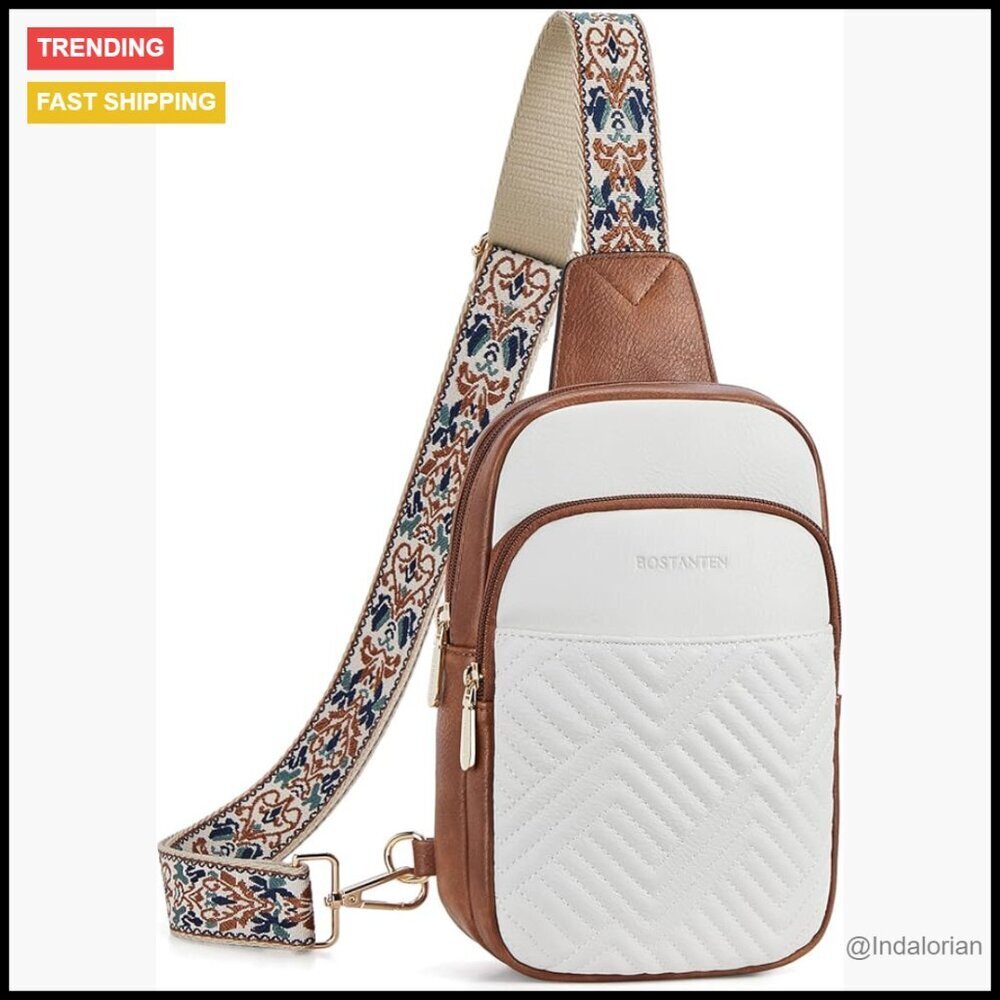 Quilted Vegan Leather Sling Bag Crossbody Purse Adjustable Guitar Strap Elegant